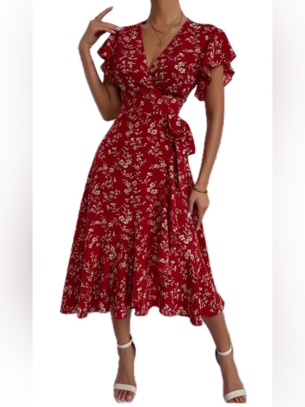 Red Floral Asymmetrical Wrap Dress